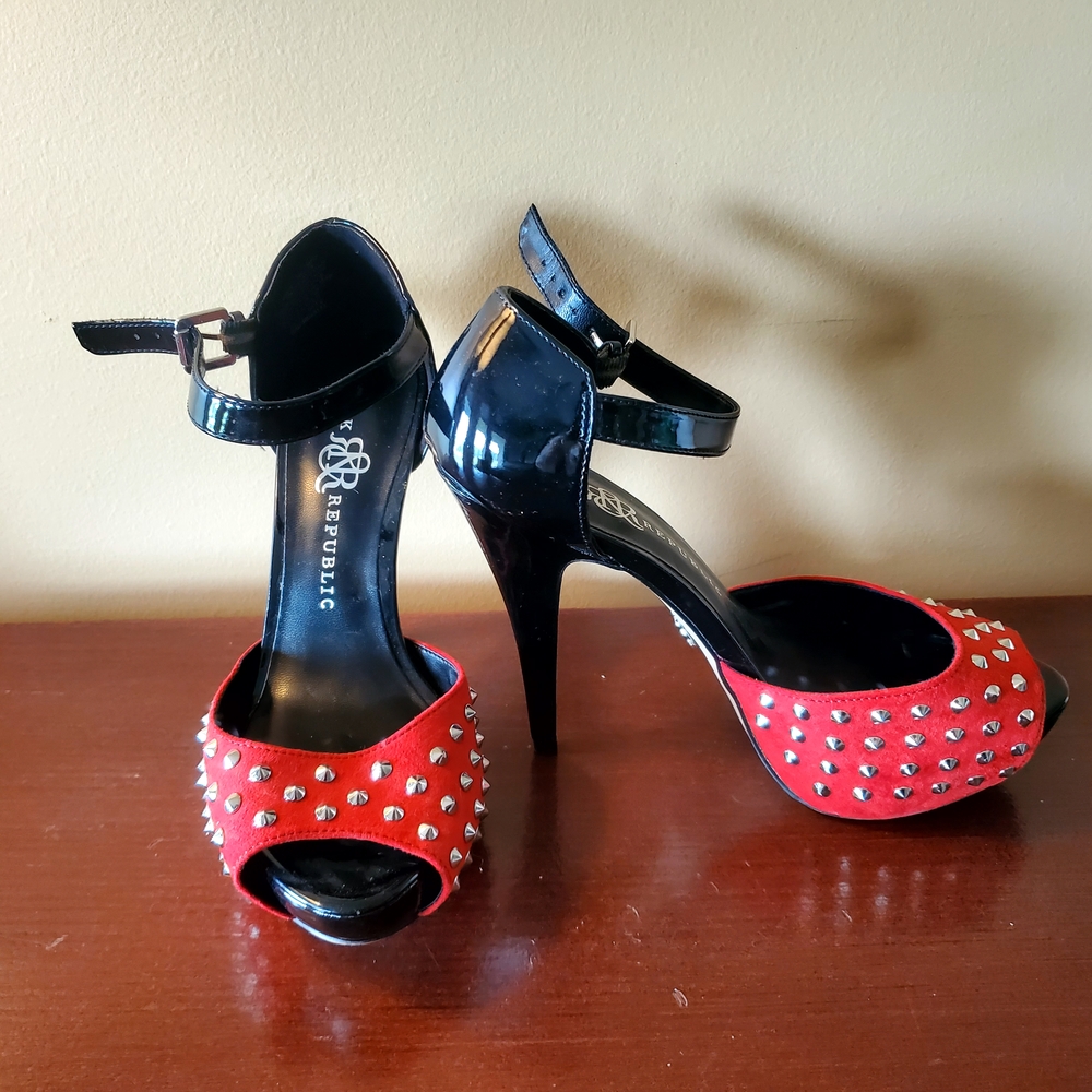 Rock Republic Black Patent Red Studded Heels